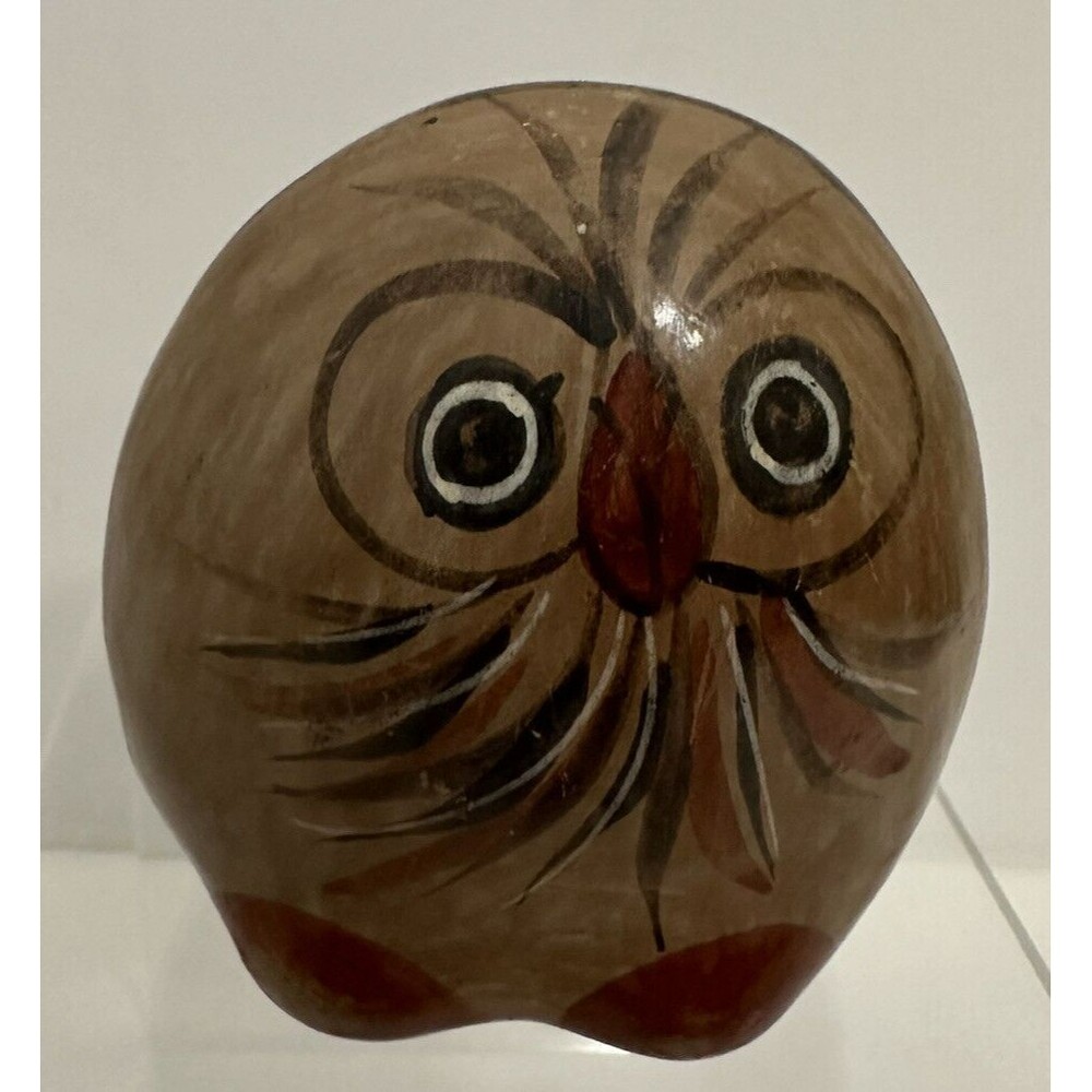 Vintage Mexico Tonala Pottery Owl Hand Painted 3” Brown Orange